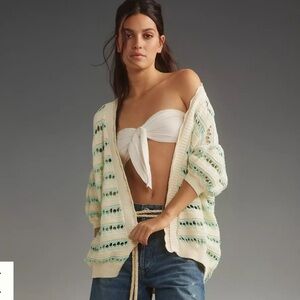 Maeve Anthropologie open stitch Cream Blue Knit cocoon Cardigan size M/L